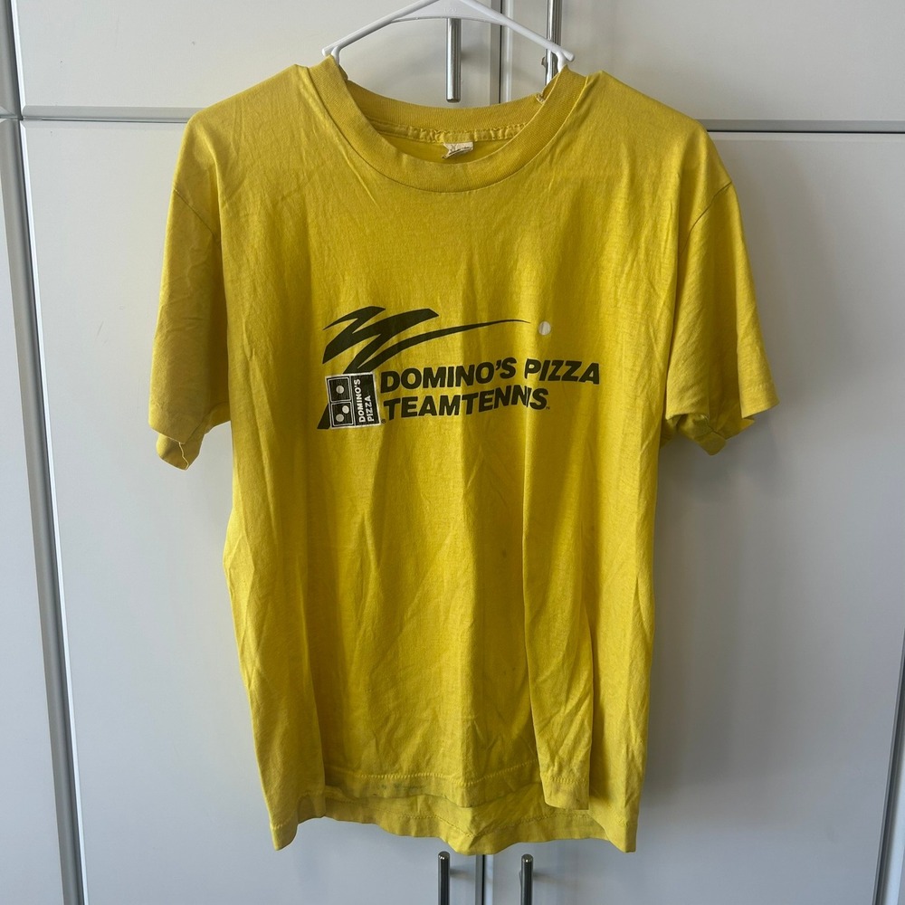 Vintage 80s Dominos Pizza TeamTennis T-Shirt Screen Stars Yellow Single Stitch M